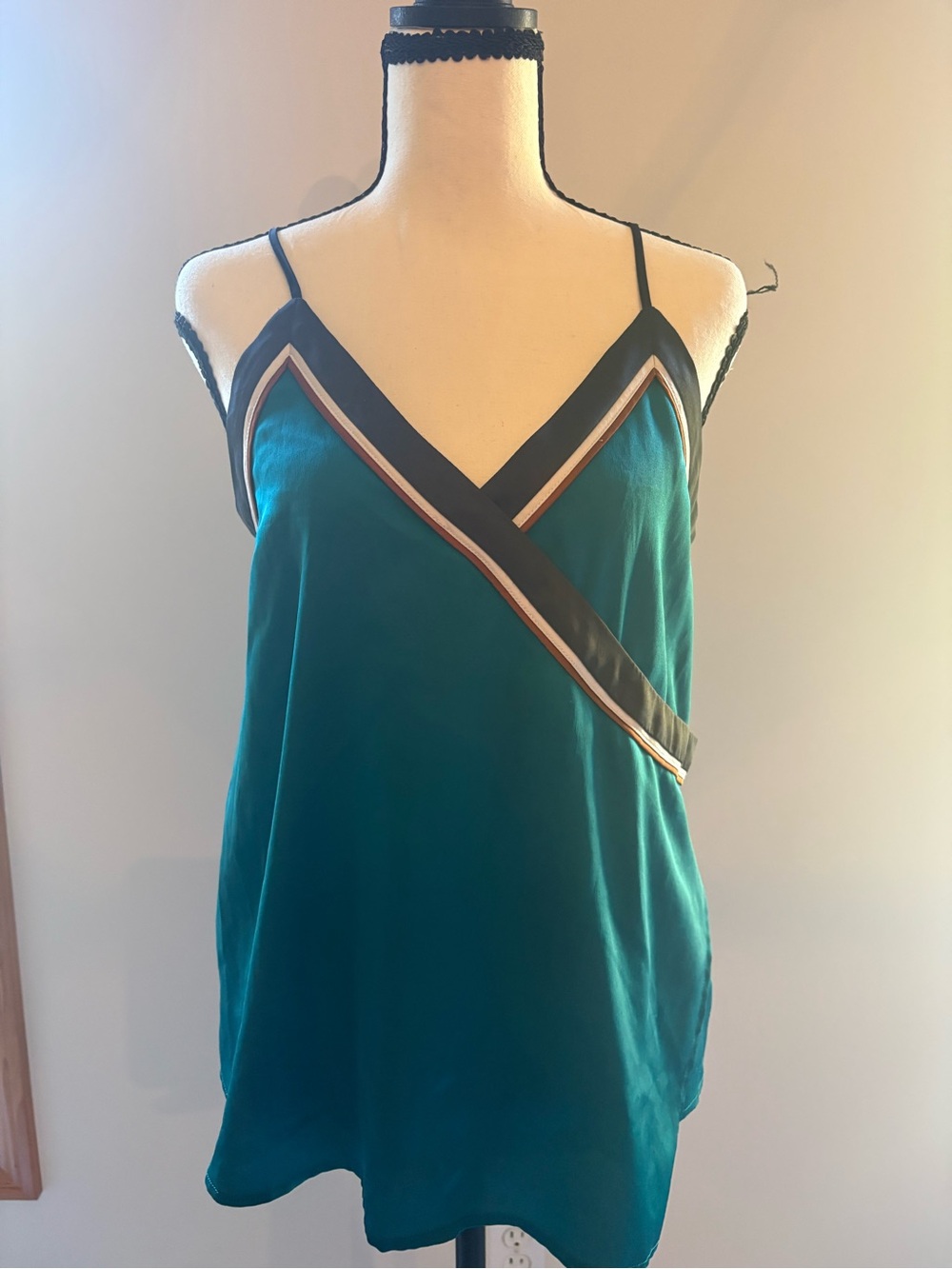 LOFT Teal Satin V-Neck Cami with Black and Cream Trim